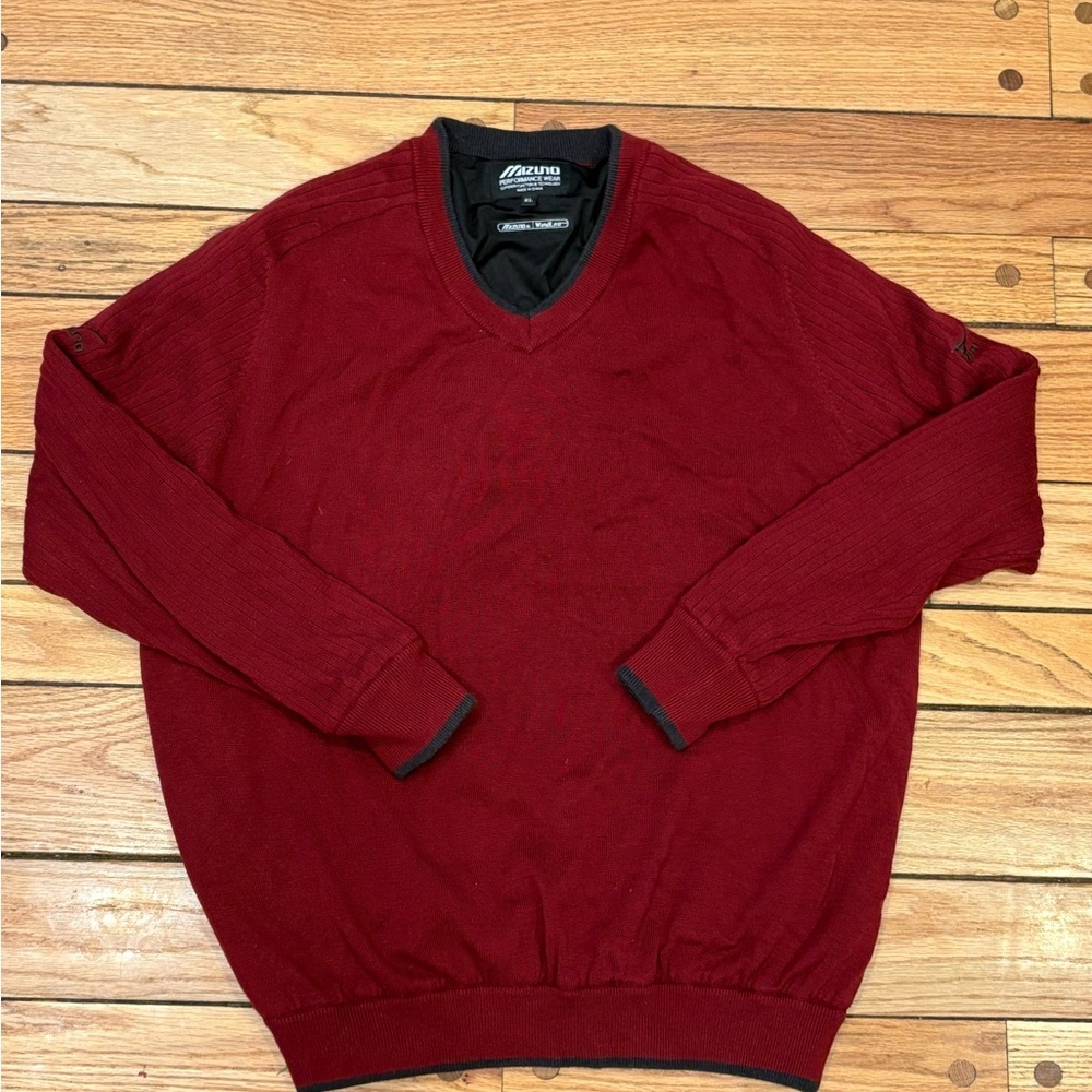 Mizuno Sweater Mens XL Red Black WindLite Lined Cotton Heavy Golf Pullover Knit